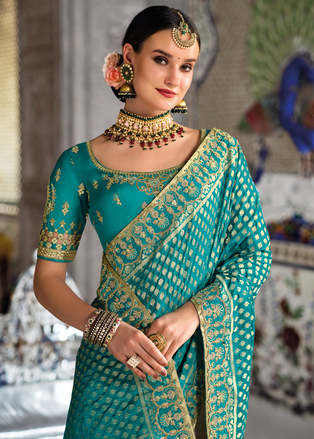 Timber Blue Zari Woven Designer Banarasi Saree