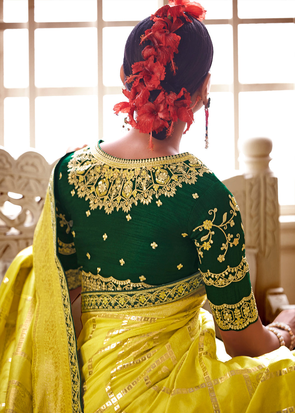 Grass Yellow and Green Banarasi Saree with Designer Blouse