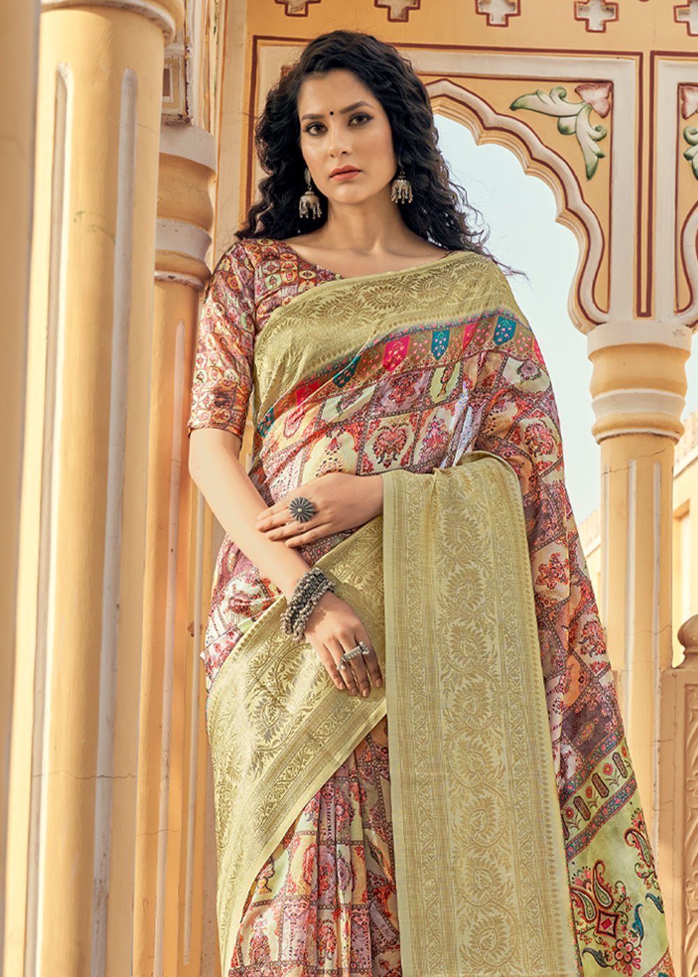 Fuzzy Red and Green Digital Printed Jacquard Silk Saree