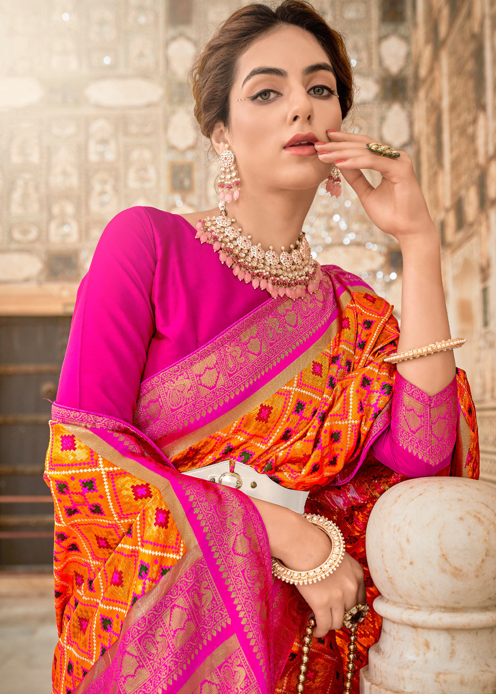 Tango Orange and Pink Zari Woven Patola Saree