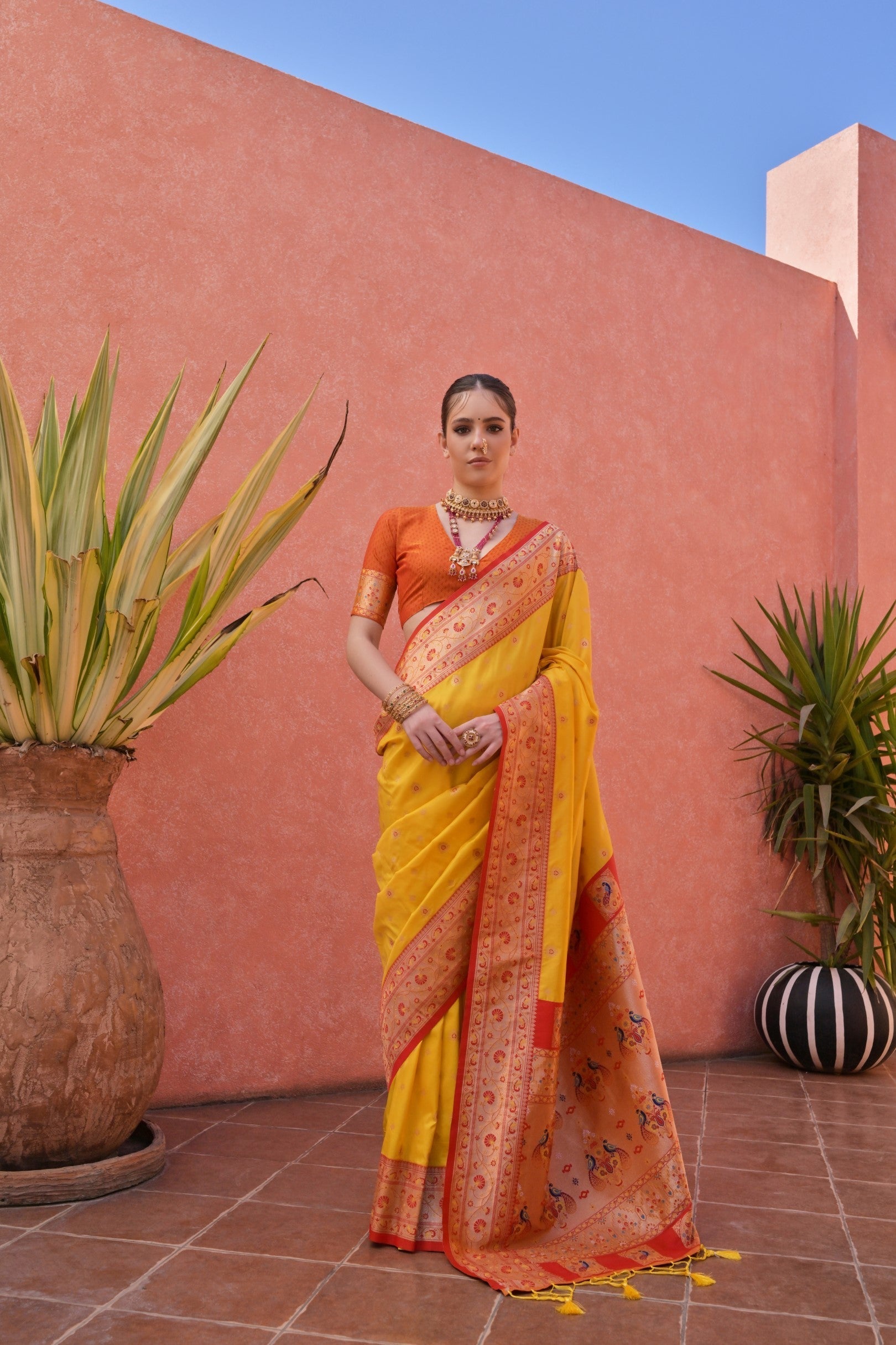 Anzac Yellow and Orange Zari Woven Paithani Saree