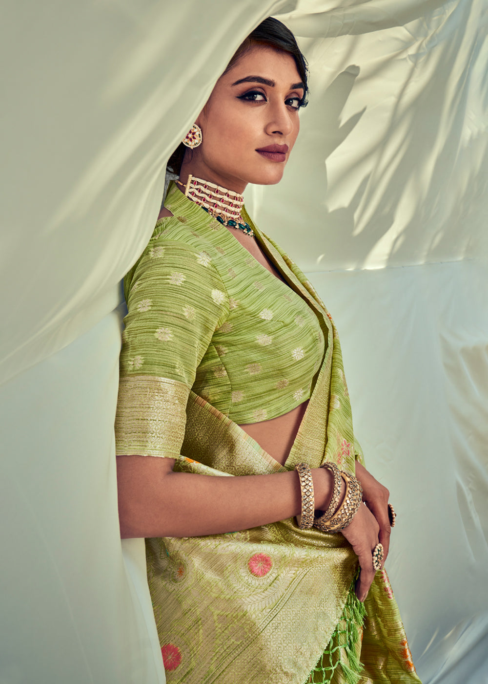 Wild Willow Green Zari Woven Banarasi Linen Saree