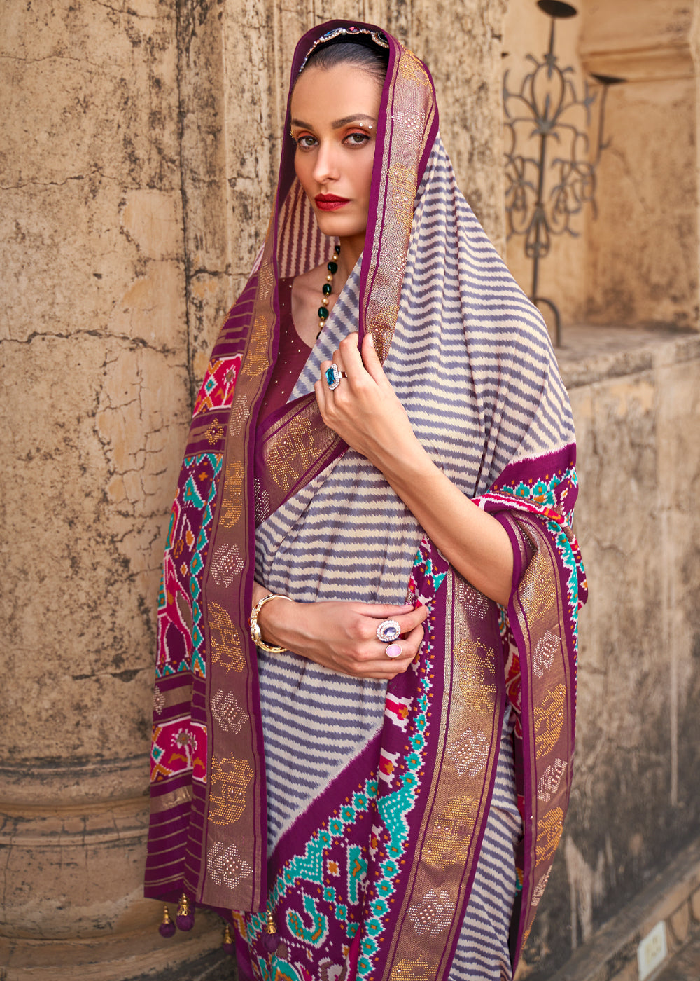 Eggplant White and Purple Zari Woven Patola Saree