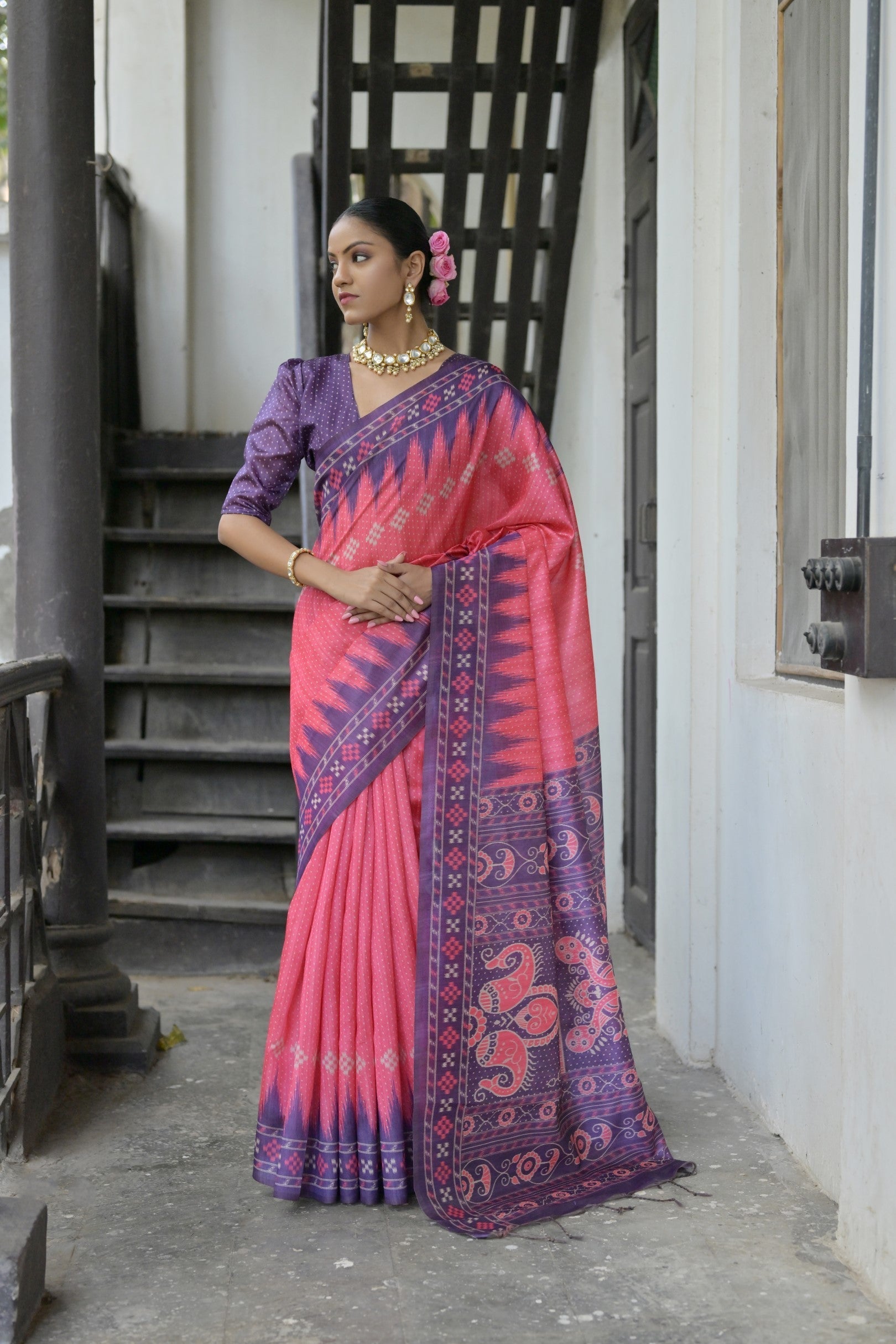 Blush Pink Printed Tussar Silk Saree