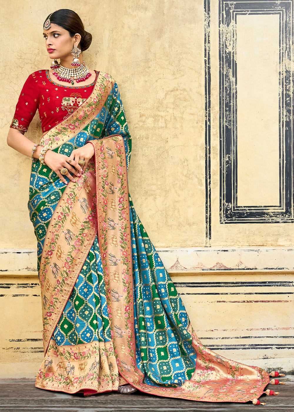 Hippie Blue Green and Red  Patola Printed Dola Silk Saree With Embroidered Blouse