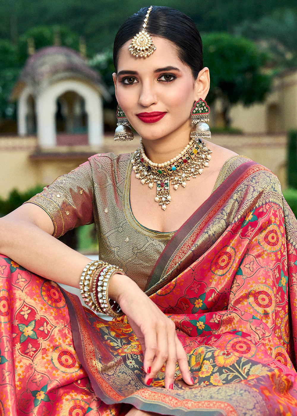 Raw Orange Red Designer Banarasi Saree