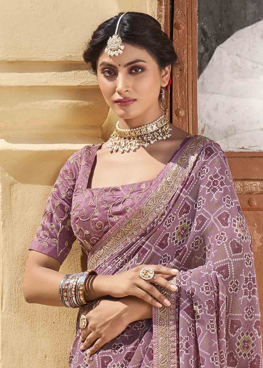 Quicksand Purple Patola Print Georgette Saree With Embroidered Blouse