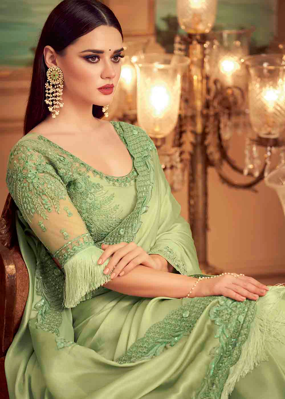 Barley Corn Green Embroidered Satin Silk Designer Saree