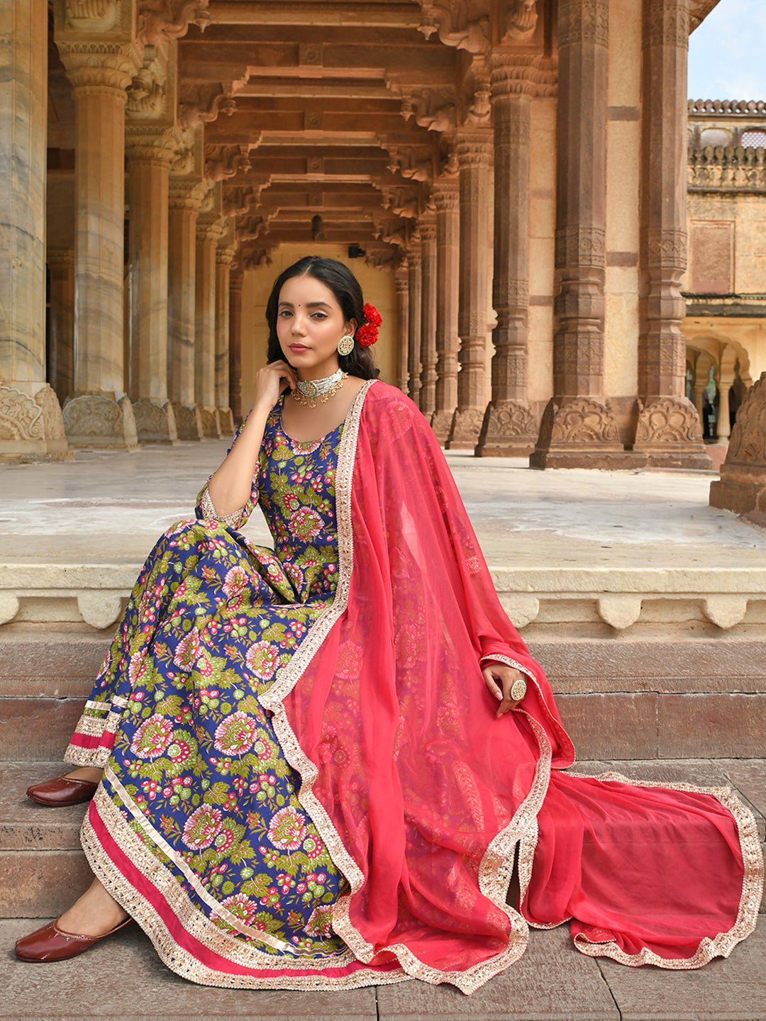 East Bay Blue Cotton Floral Block Salwar Suit