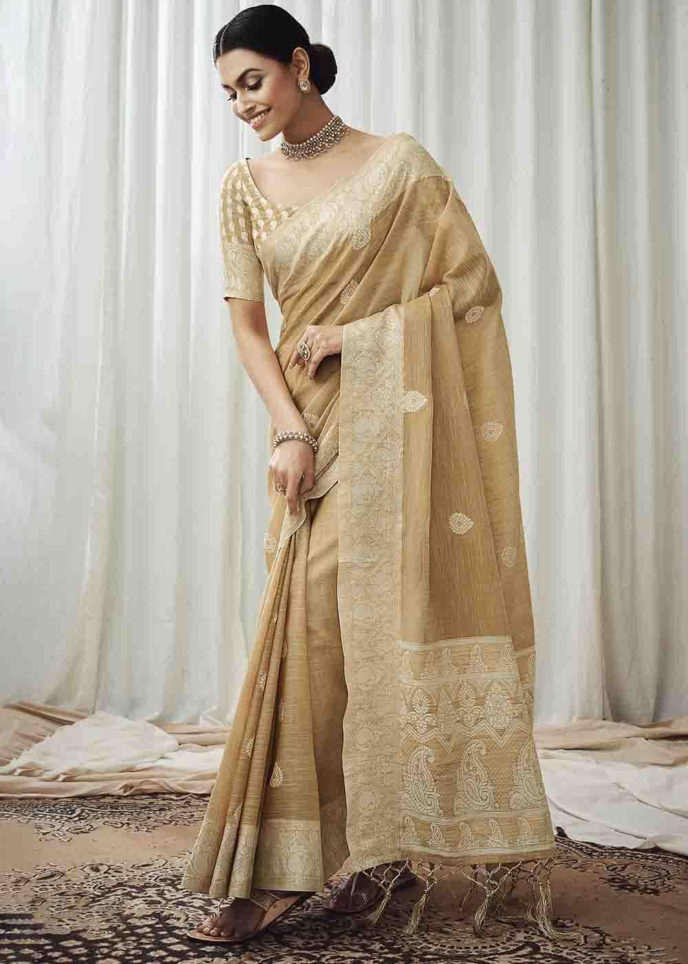 Twine Brown Chikankari Linen Saree