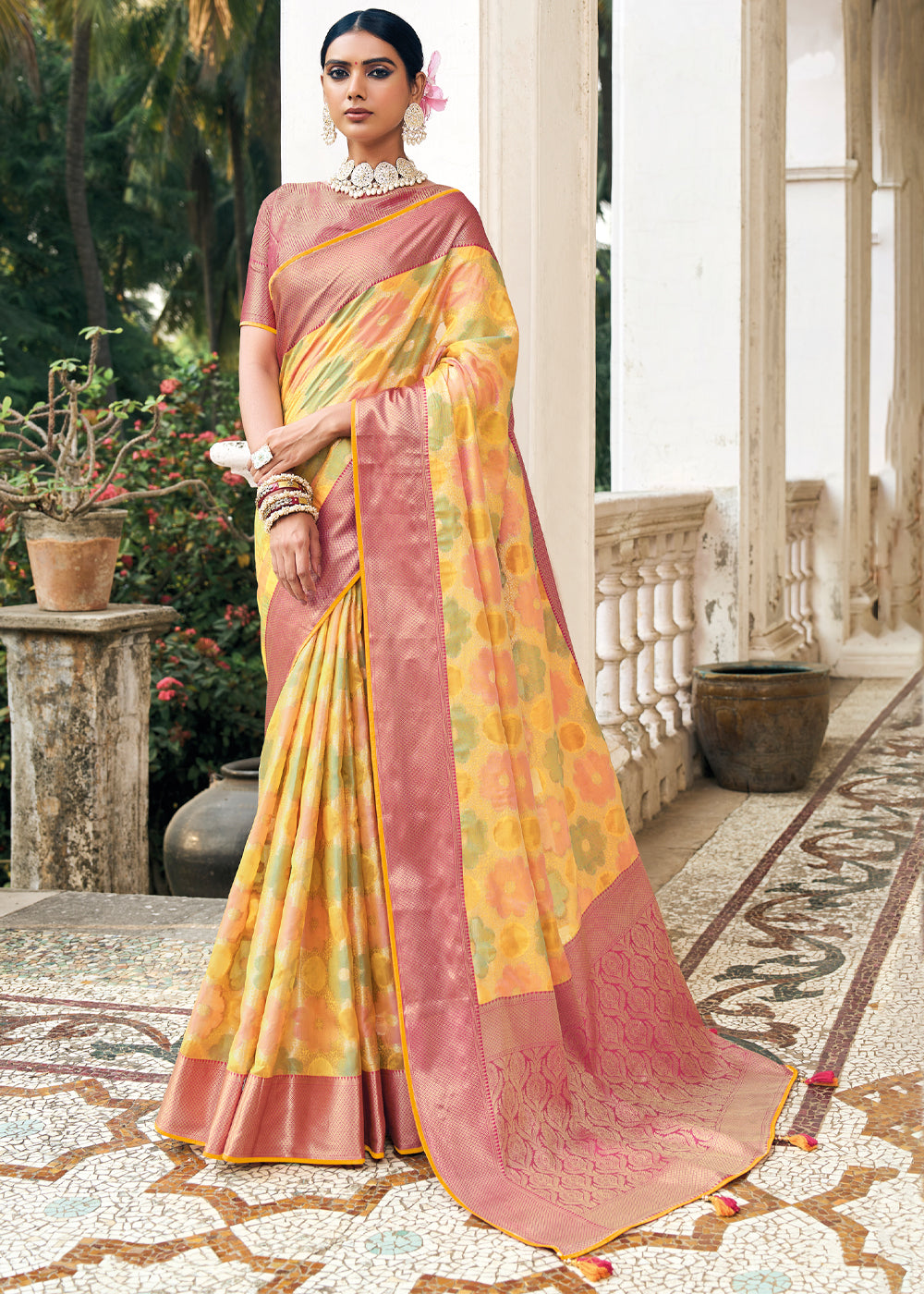 Wild Rice Yellow and Pink Woven Organza Banarasi Silk Saree