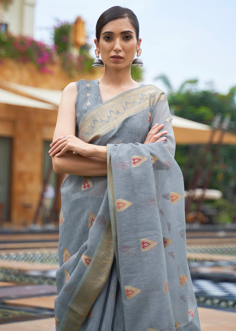 Pale Sky Grey Zari Woven Banarasi Linen Saree