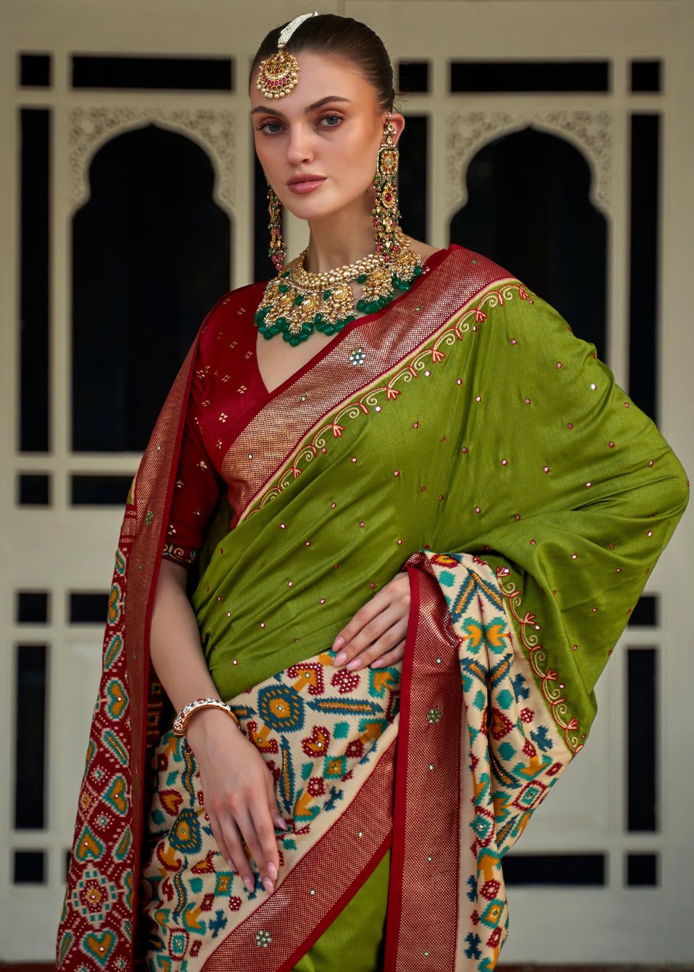 Olive Green and Red Woven Patola Silk Saree