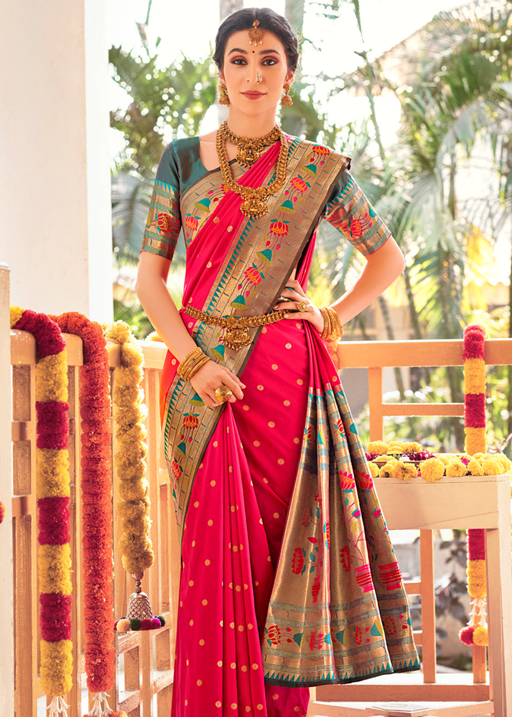 Cherry Pink Woven Paithani Silk Saree