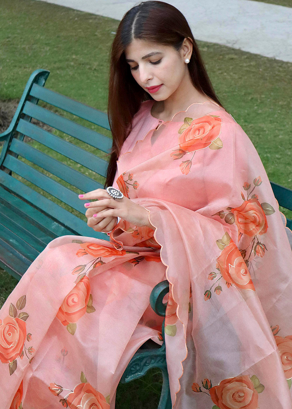 Sea Pink Peach Digital Floral Print Organza Saree