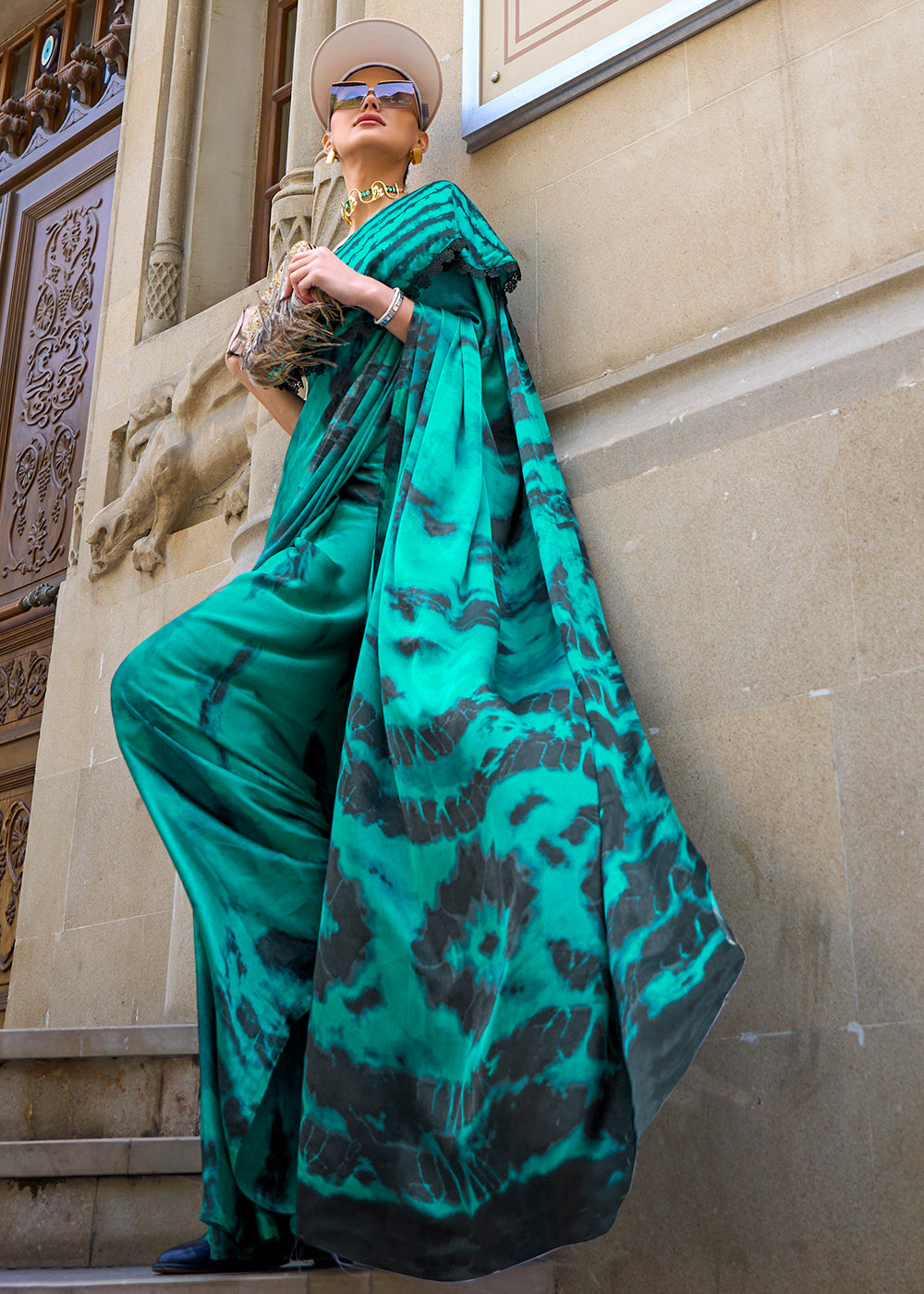 Turquoise Green Printed Satin Crepe Sarees