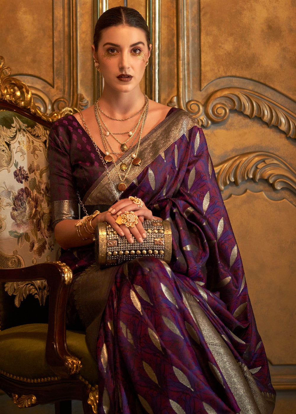 Woody Purple Banarasi Satin Silk Saree