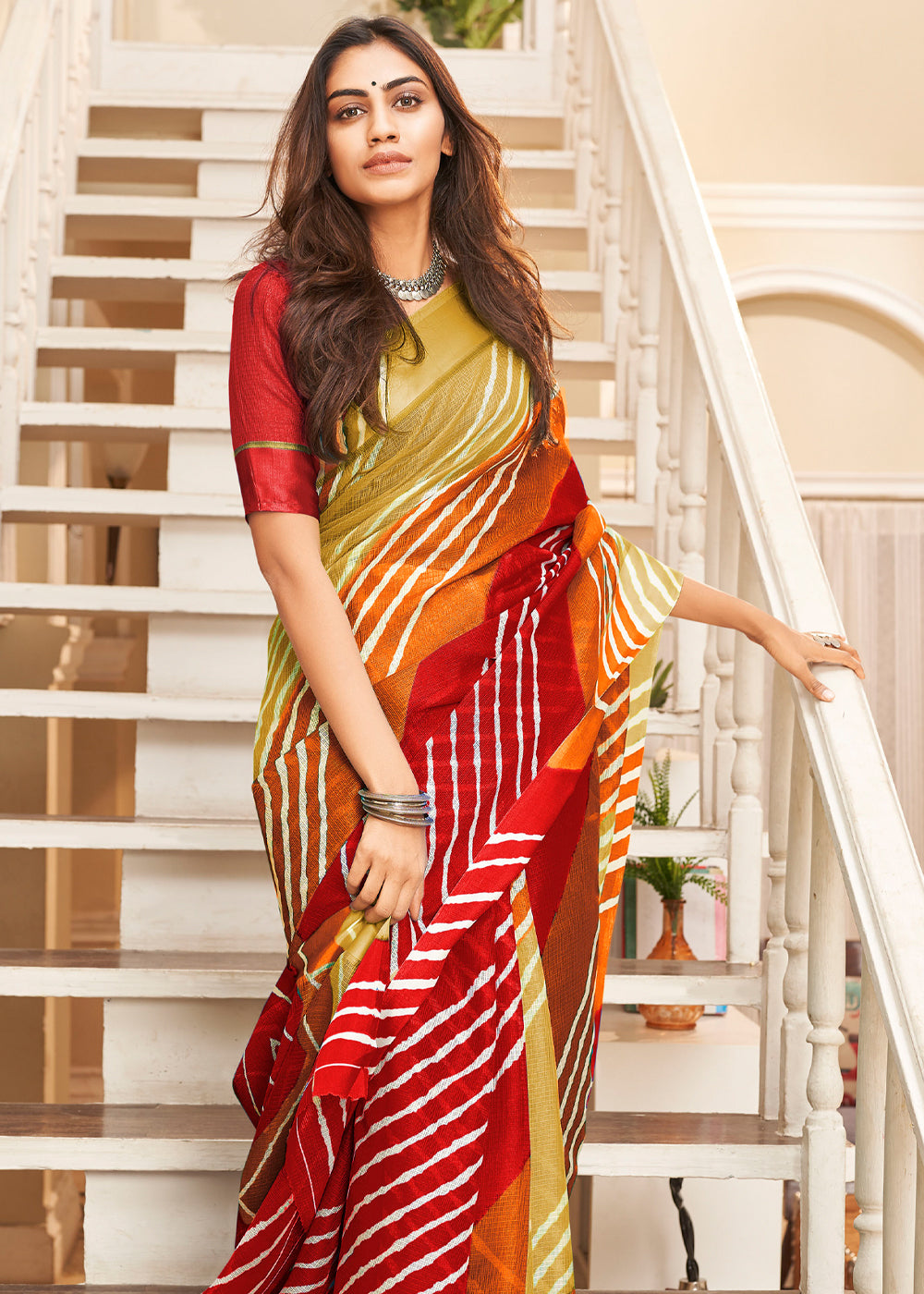 Equator Red and Green Cotton Saree with Leheriya Print