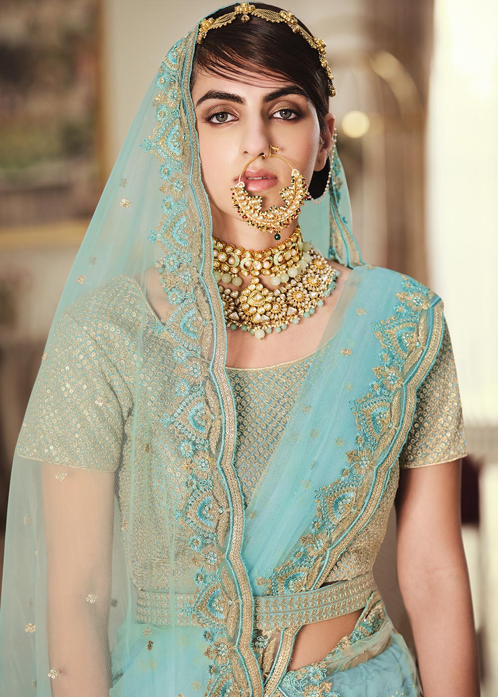 Gulf Stream Blue Net Designer Lehenga With Heavy Embroidered Work