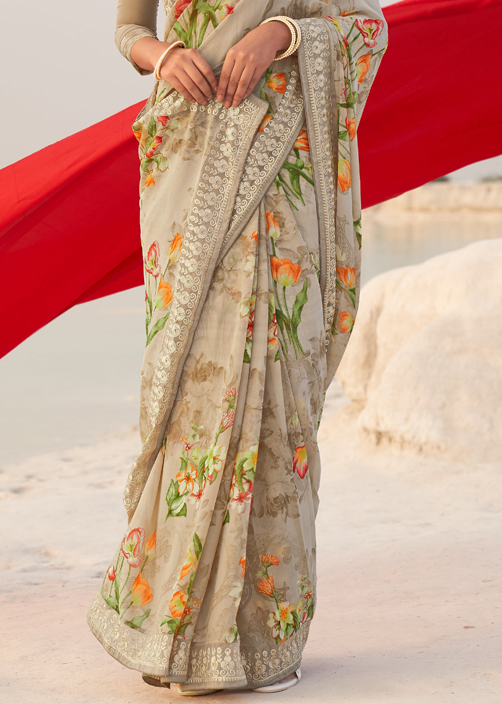 Sorrell Brown Digital Printed Chiffon Saree