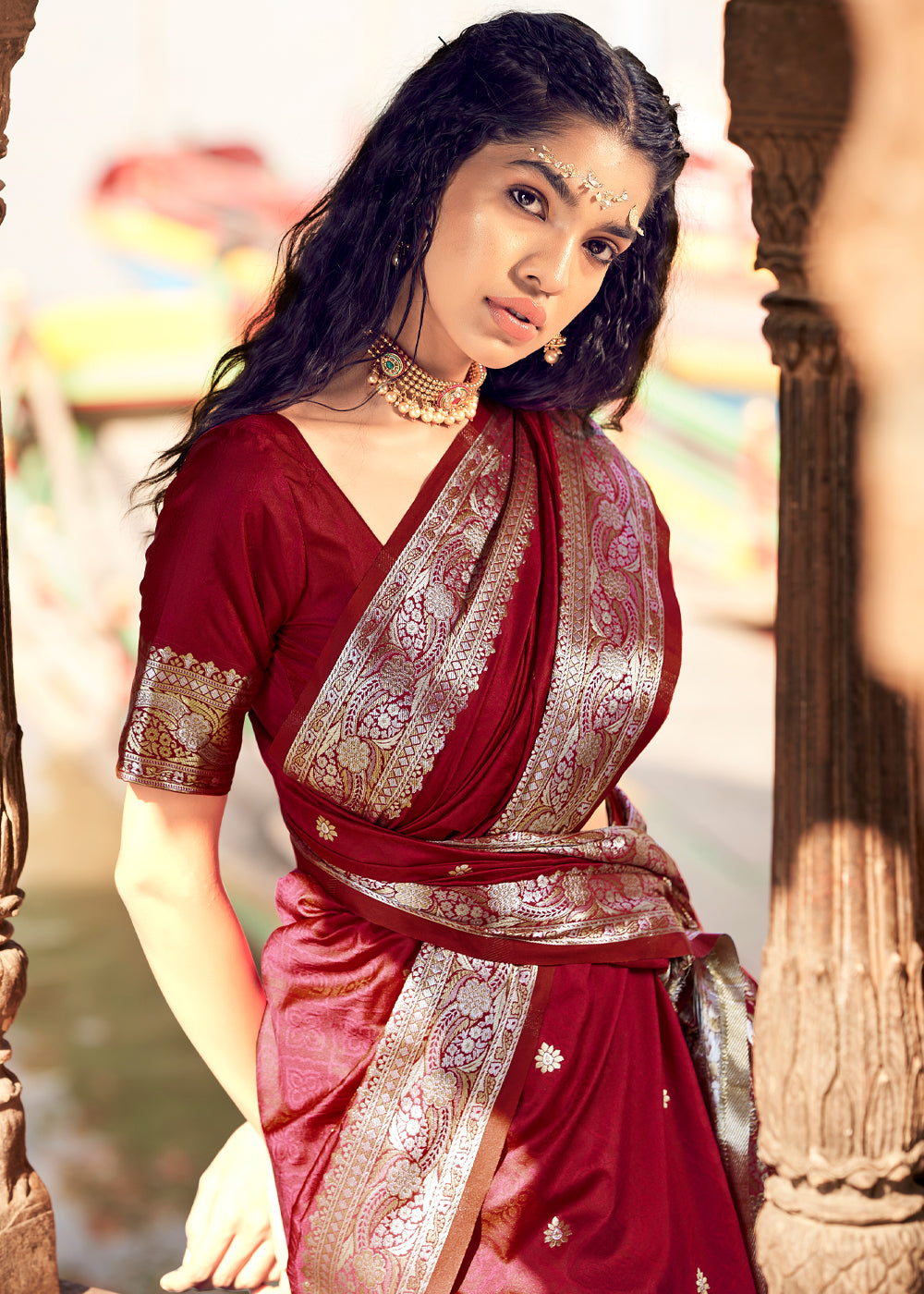 Dark Tan Maroon Woven Banarasi Satin Silk Saree