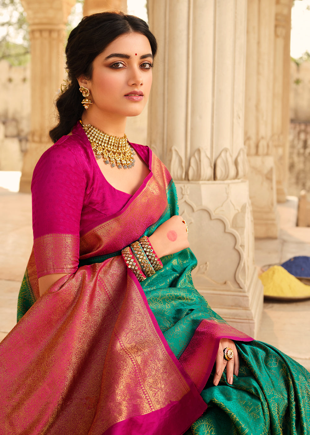 Emerald Blue & Pink Zari Woven Kanjivaram Saree