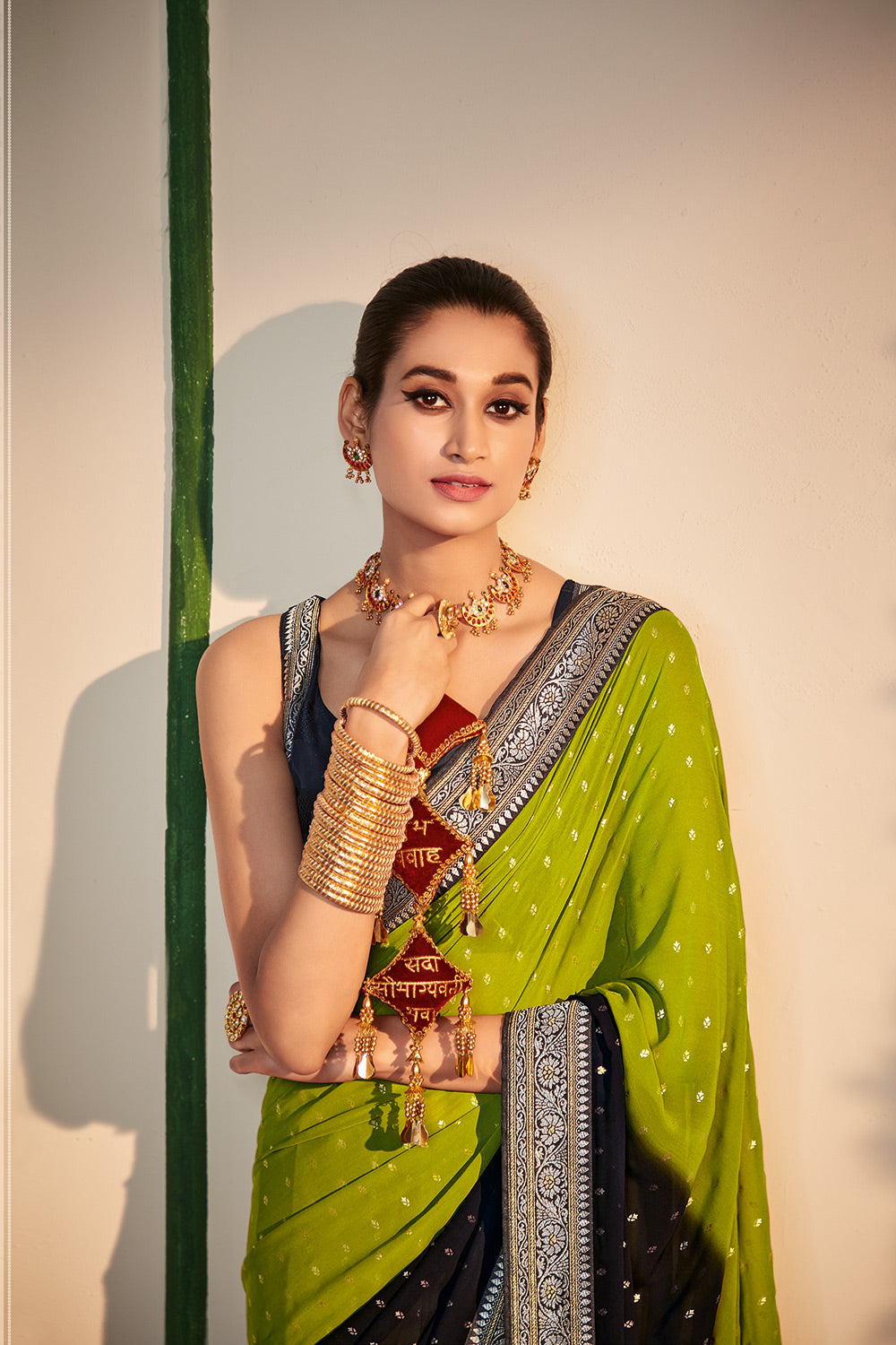 Toddy Green and Black Printed Georgette Saree