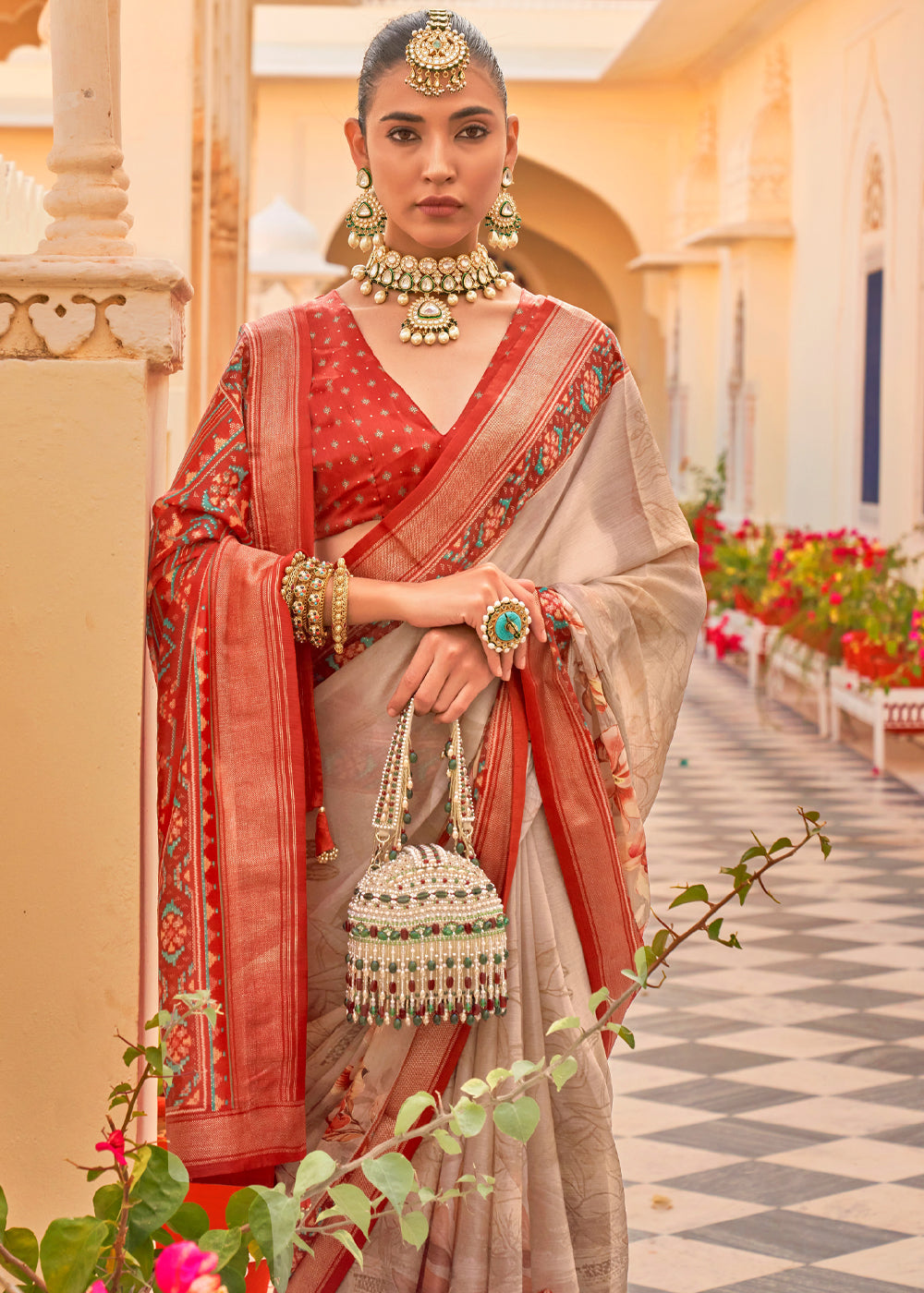 Crail Red Printed Chiffon Patola Silk Saree