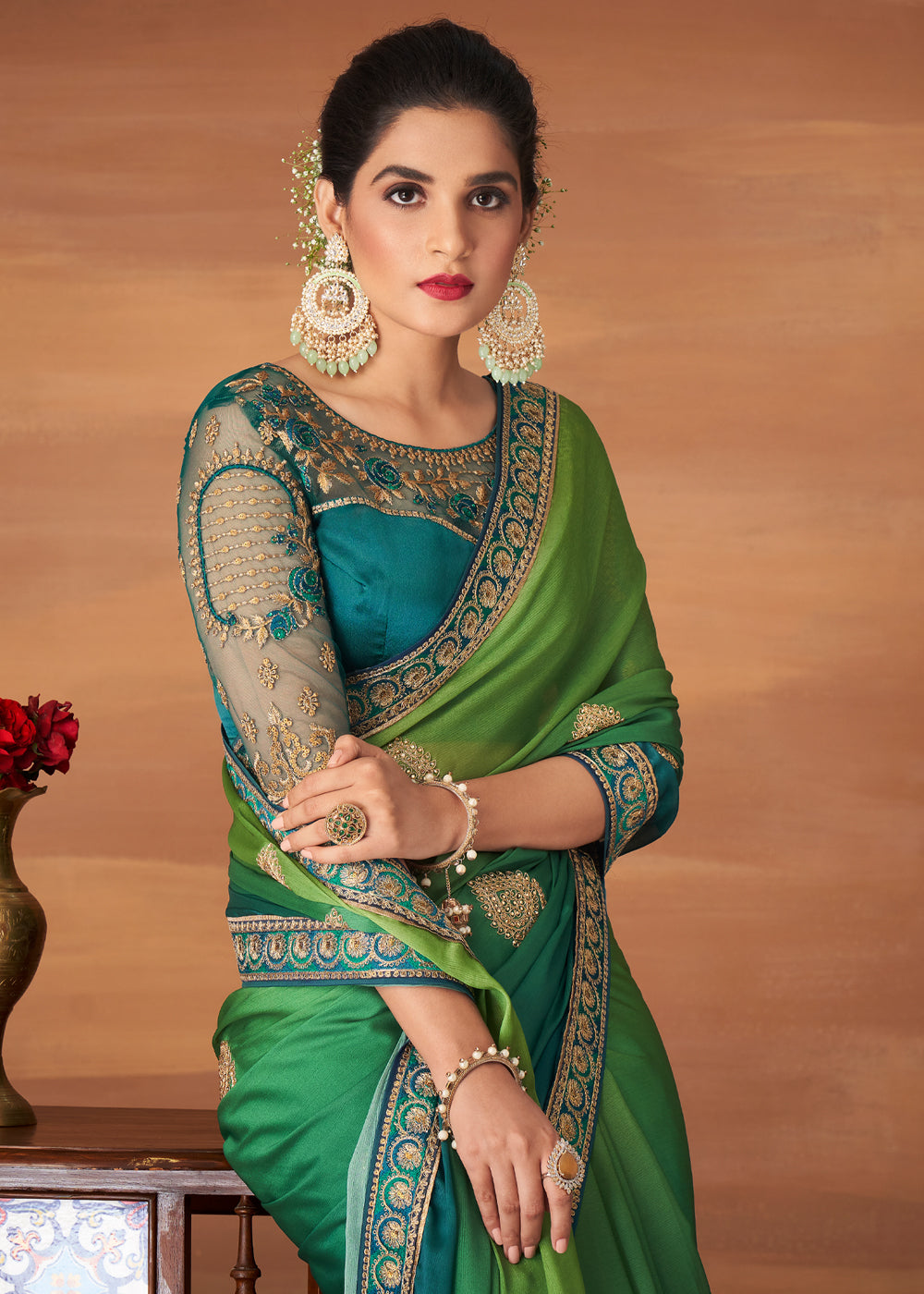 Cucumber Green and Blue Designer Saree with Embroidered Blouse