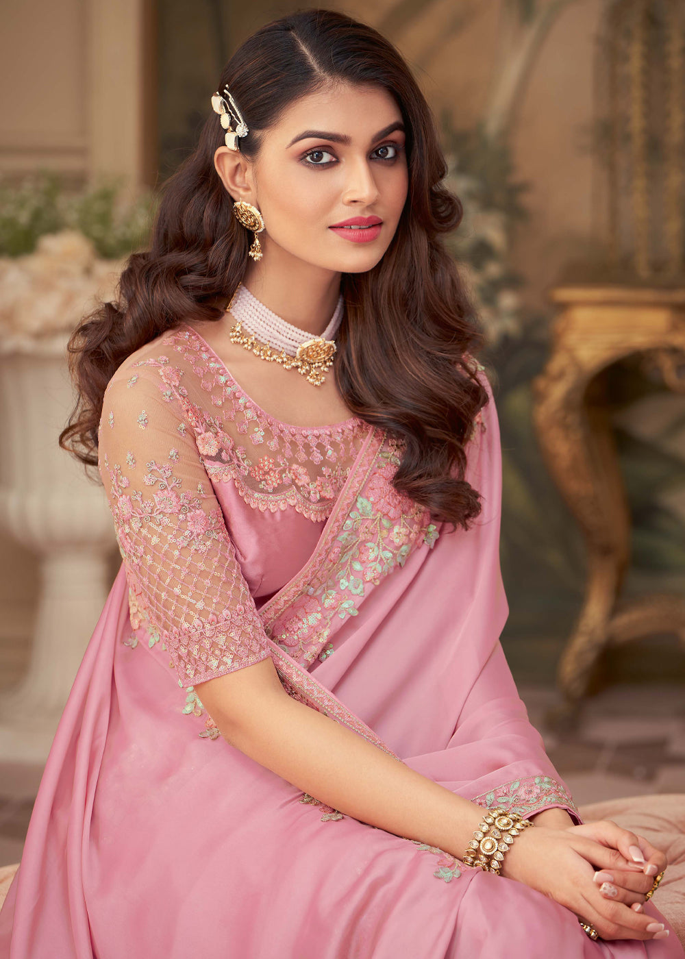 Mandys Pink Georgette Designer Saree with Embroidered Blouse