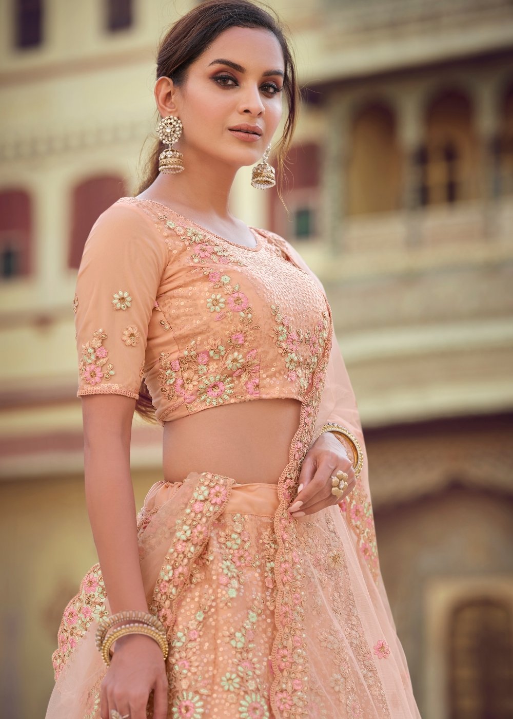 Flower Peach Soft Net Designer Lehenga Choli