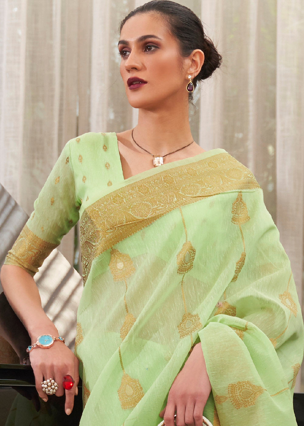 Caper Green Zari Woven Linen Saree