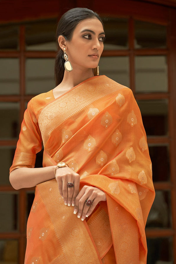 Caramel Orange Zari Woven Organza Silk Saree