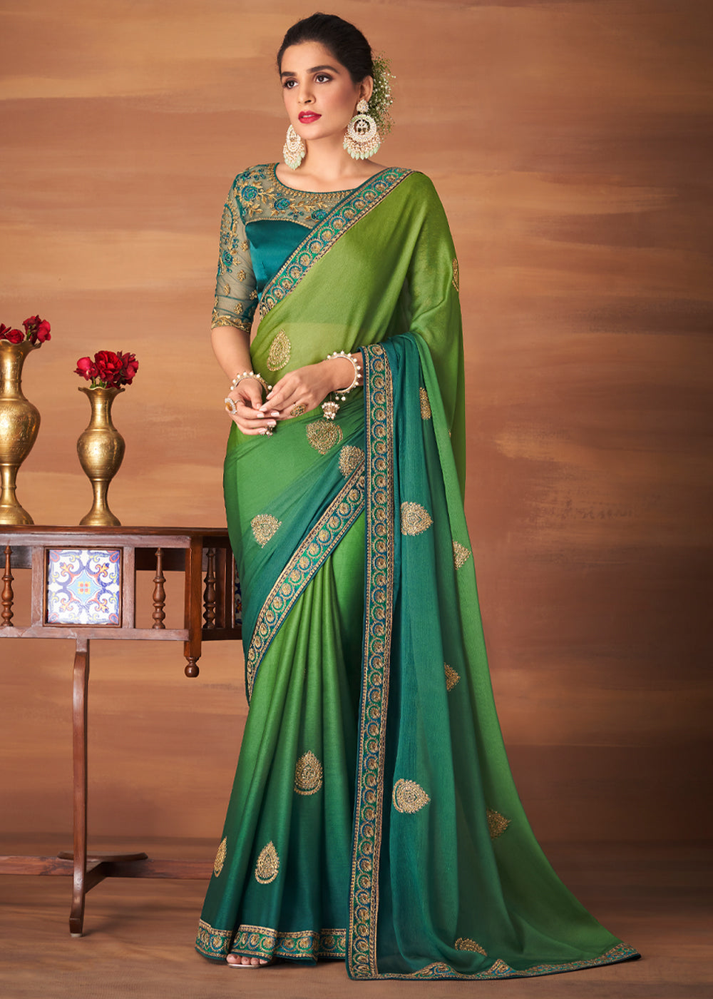 Cucumber Green and Blue Designer Saree with Embroidered Blouse