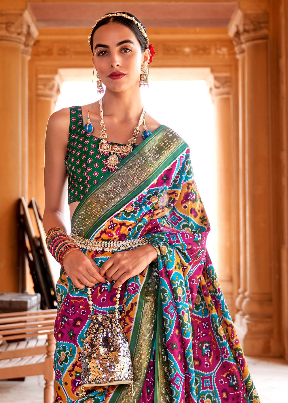 Boston Blue Multicolor Printed Patola Saree