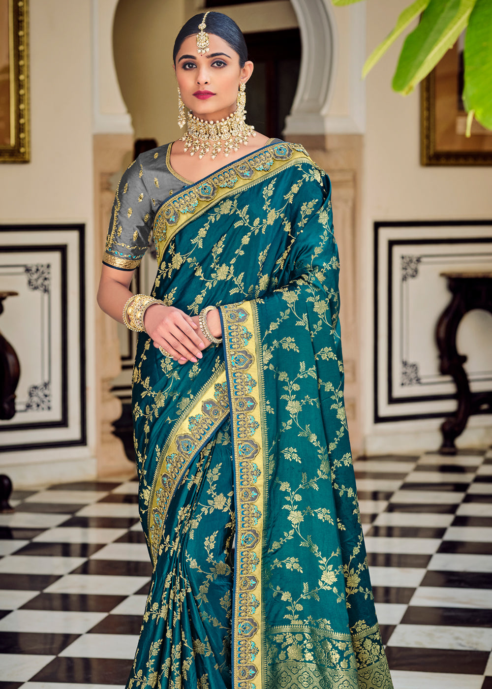 Nile Blue Zari Woven Designer Banarasi Saree