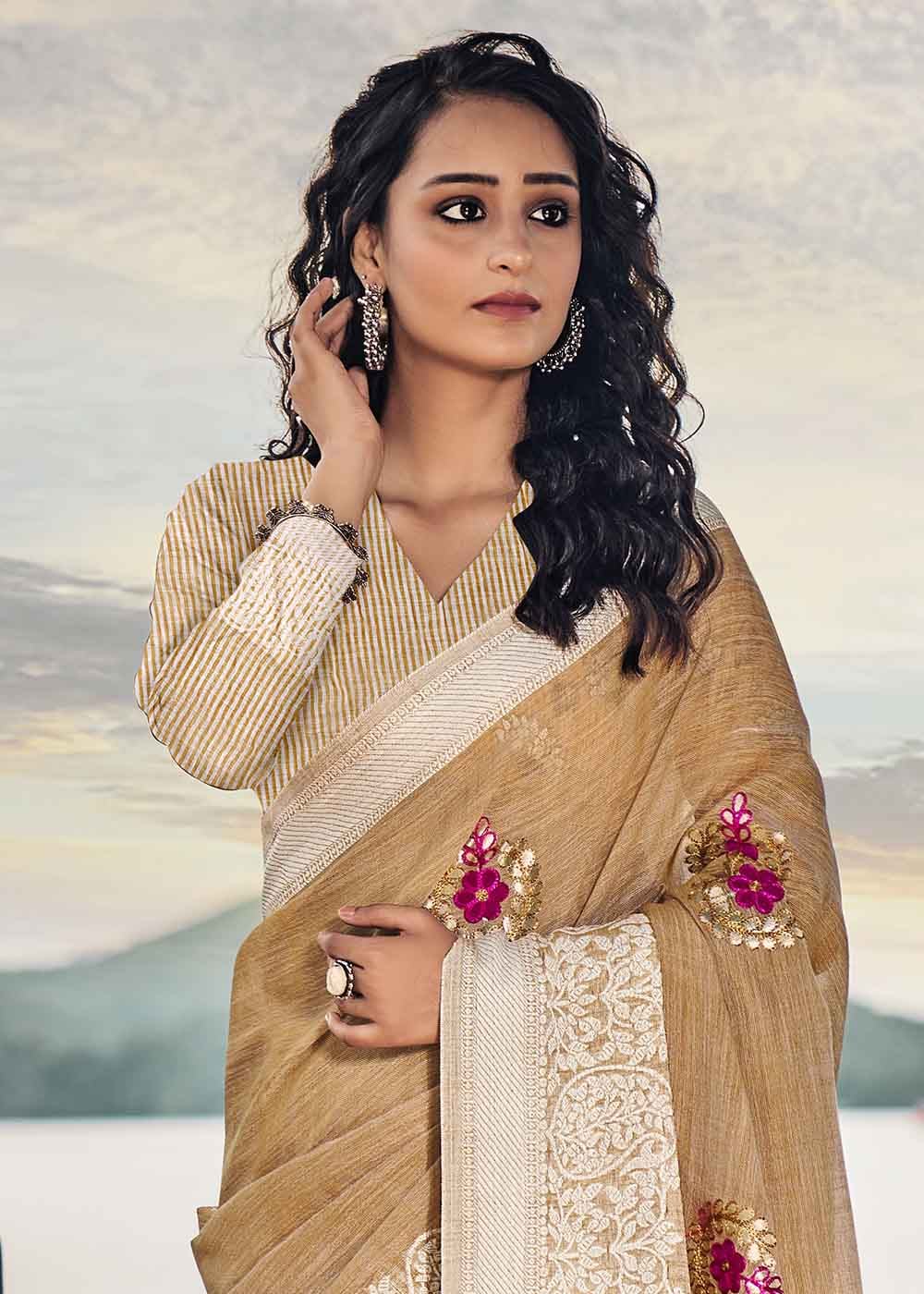 Twine Cream Zari Woven Soft Linen Silk Saree