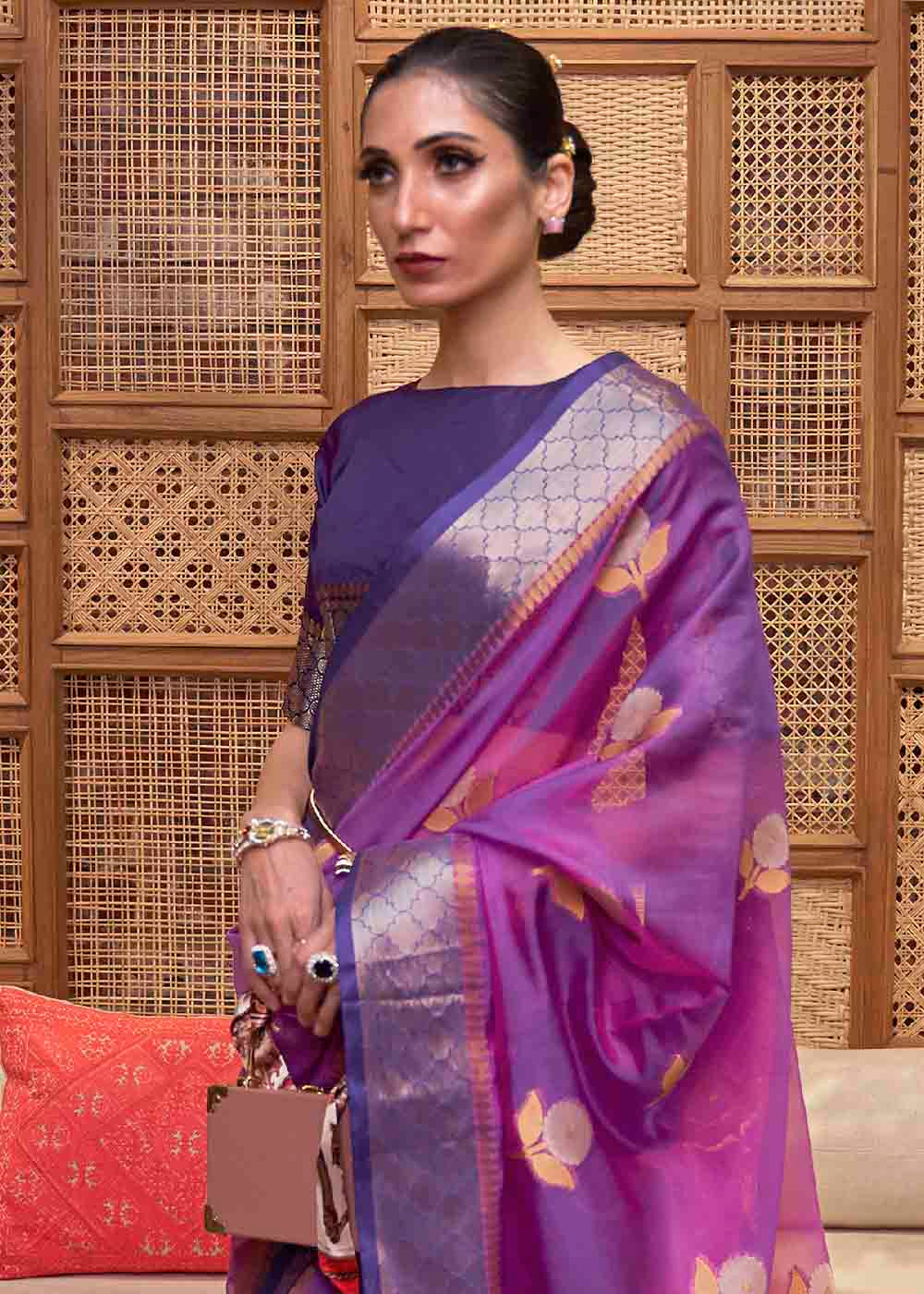 Plum Purple Zari Woven Two Tone Organza Saree