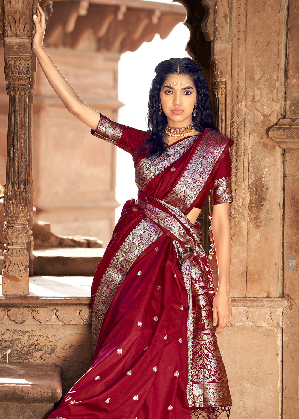 Dark Tan Maroon Woven Banarasi Satin Silk Saree