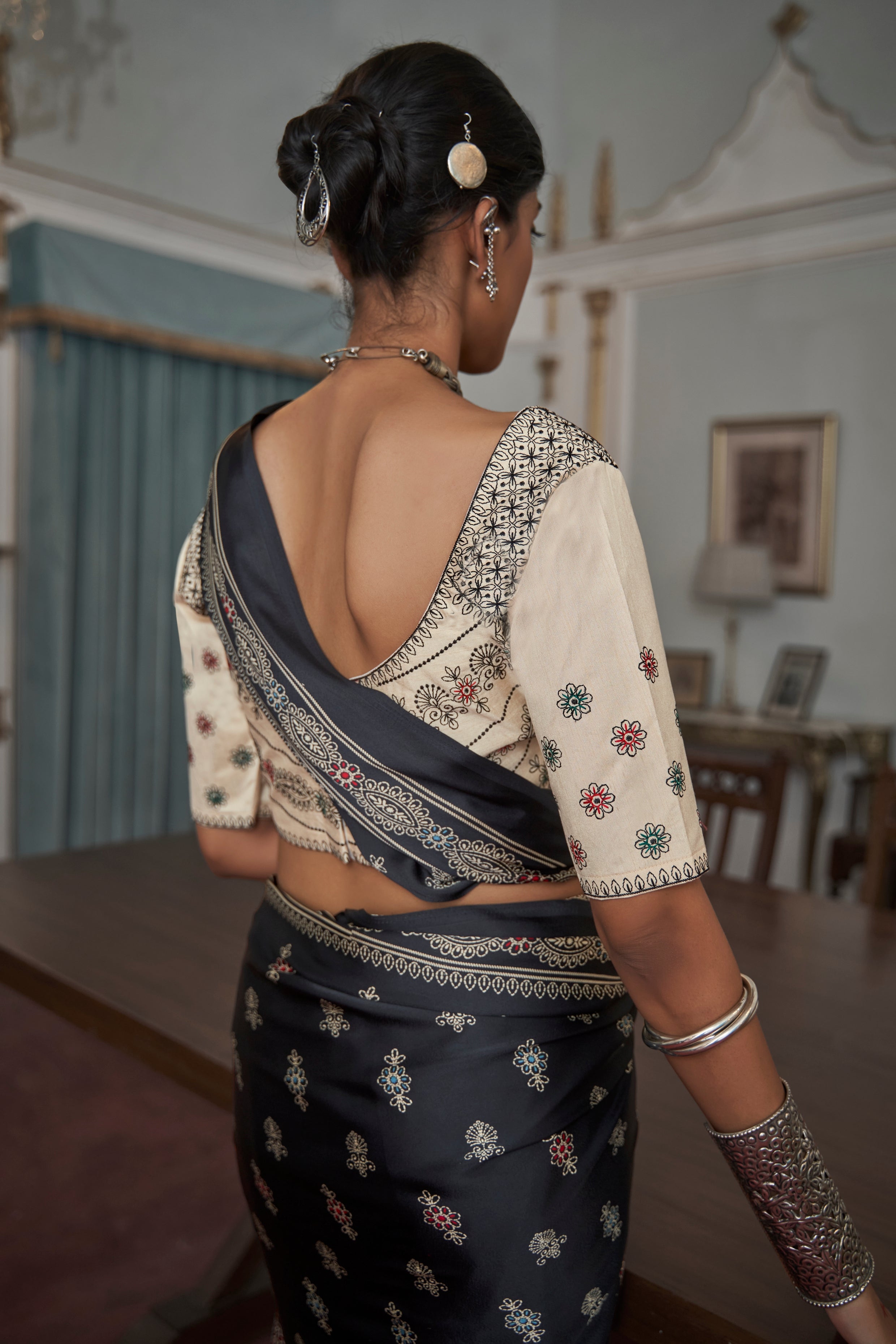 Shark Grey Gajji Silk Saree with embroidery blouse