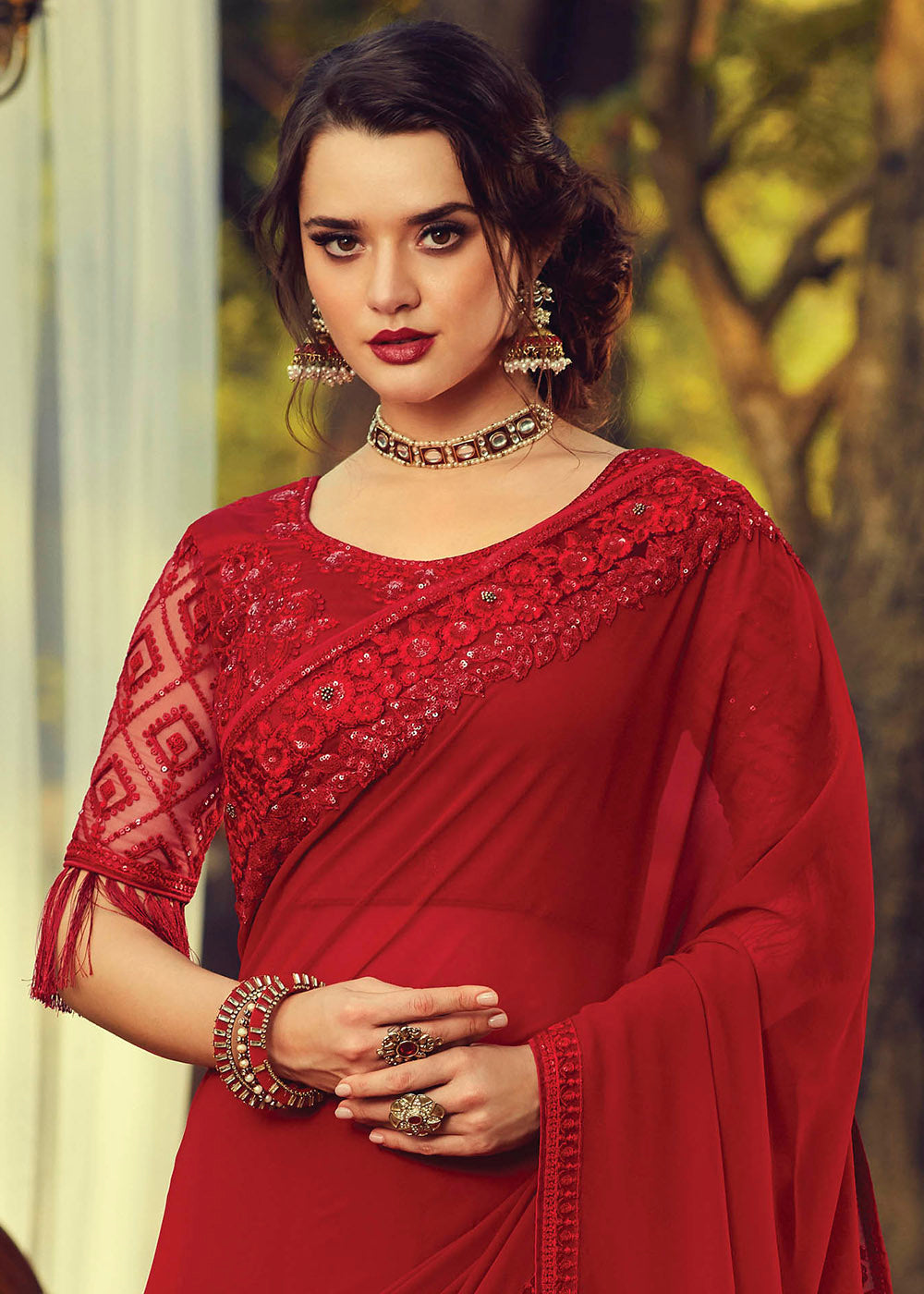 Crail Red Embroidered Georgette Designer Saree