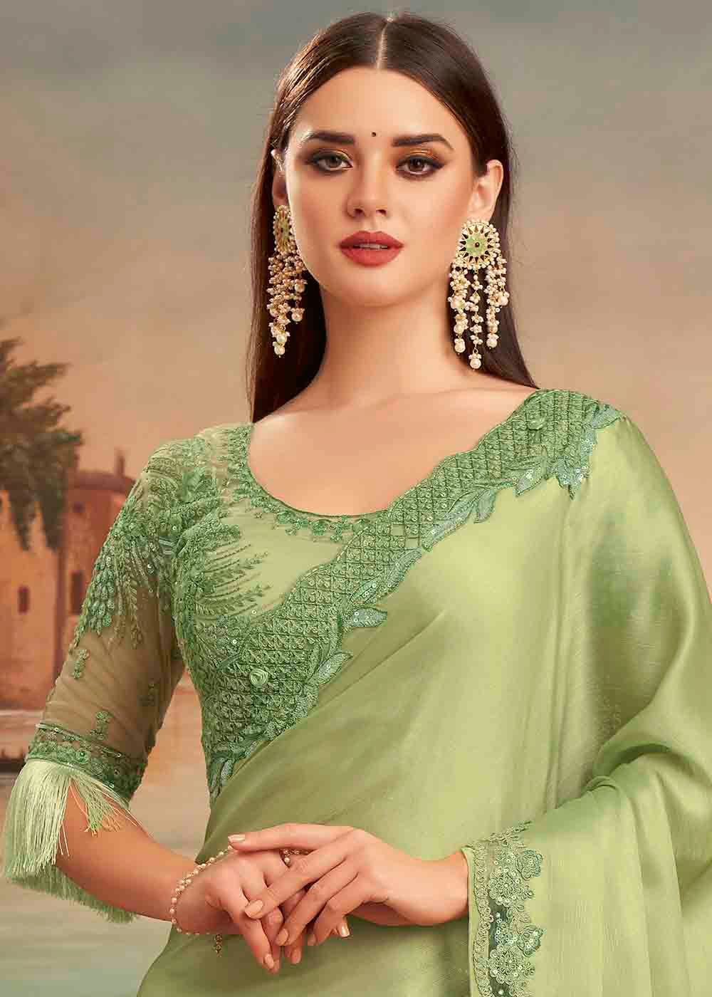 Barley Corn Green Embroidered Satin Silk Designer Saree