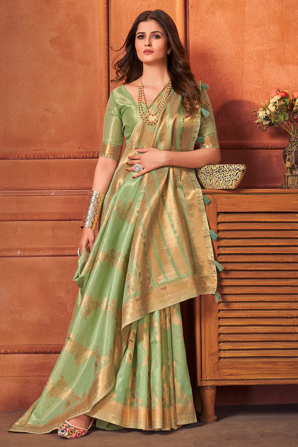 Green Smoke Cotton Tissue Silk Saree