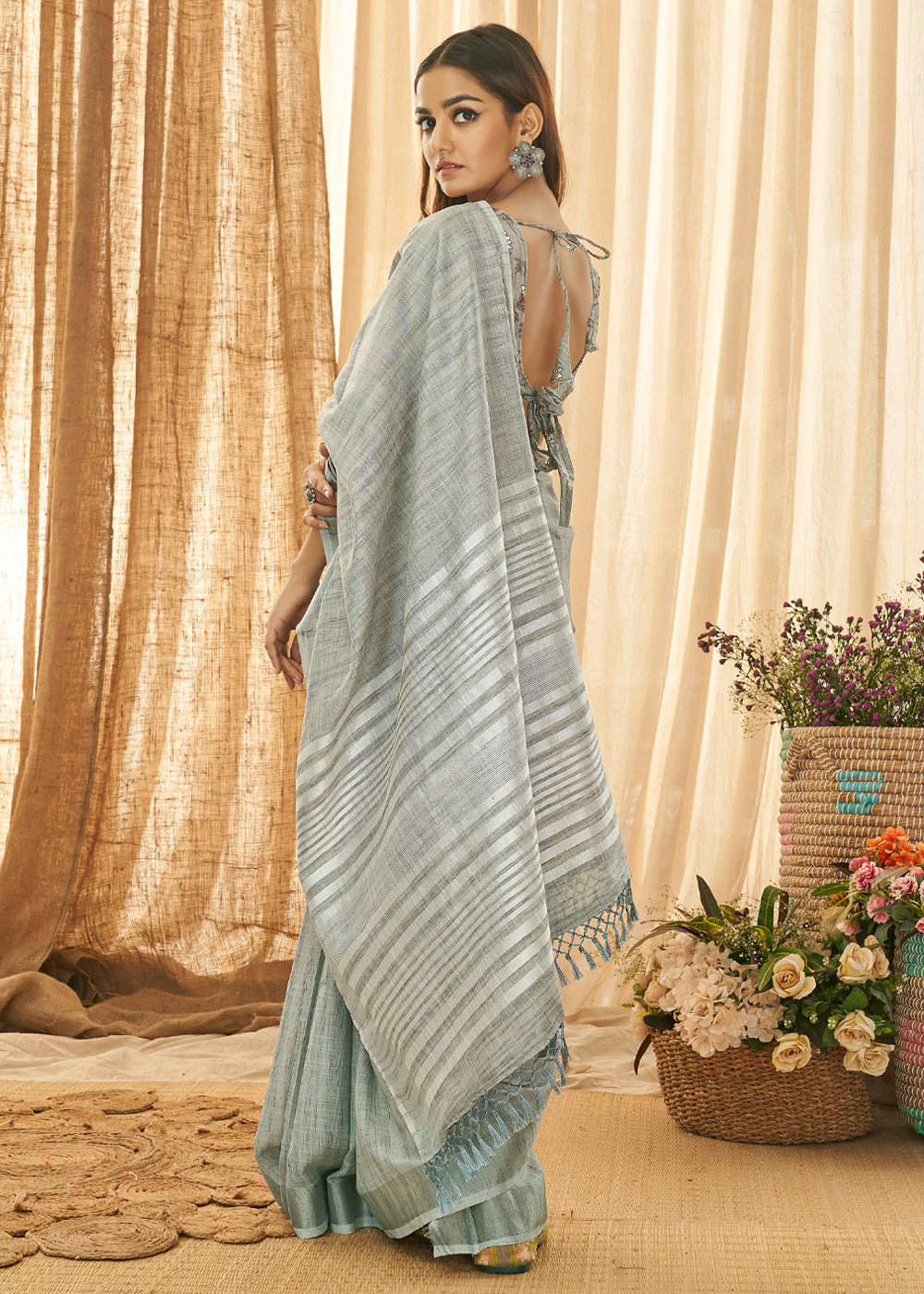 Celeste Grey Zari Woven Linen Saree