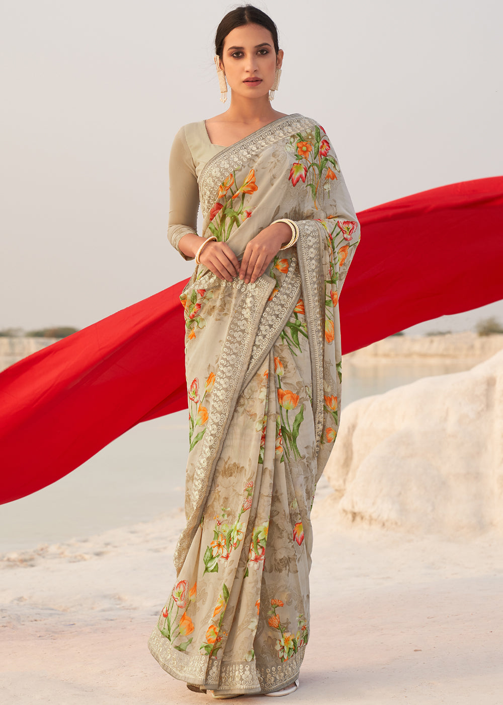 Sorrell Brown Digital Printed Chiffon Saree