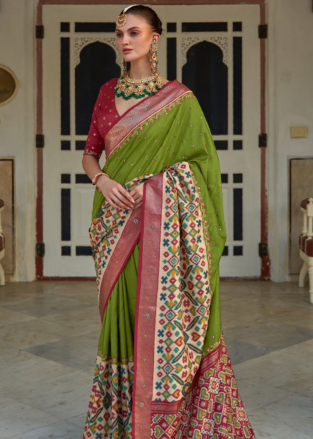 Olive Green and Red Woven Patola Silk Saree