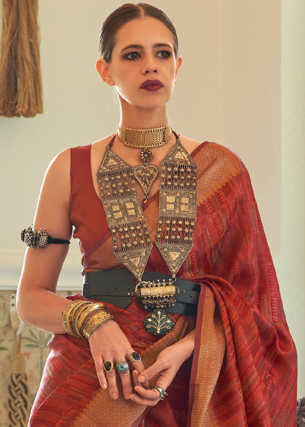 Crown Maroon Handloom Organza Silk Saree by bollywood actress Kalki Koechlin