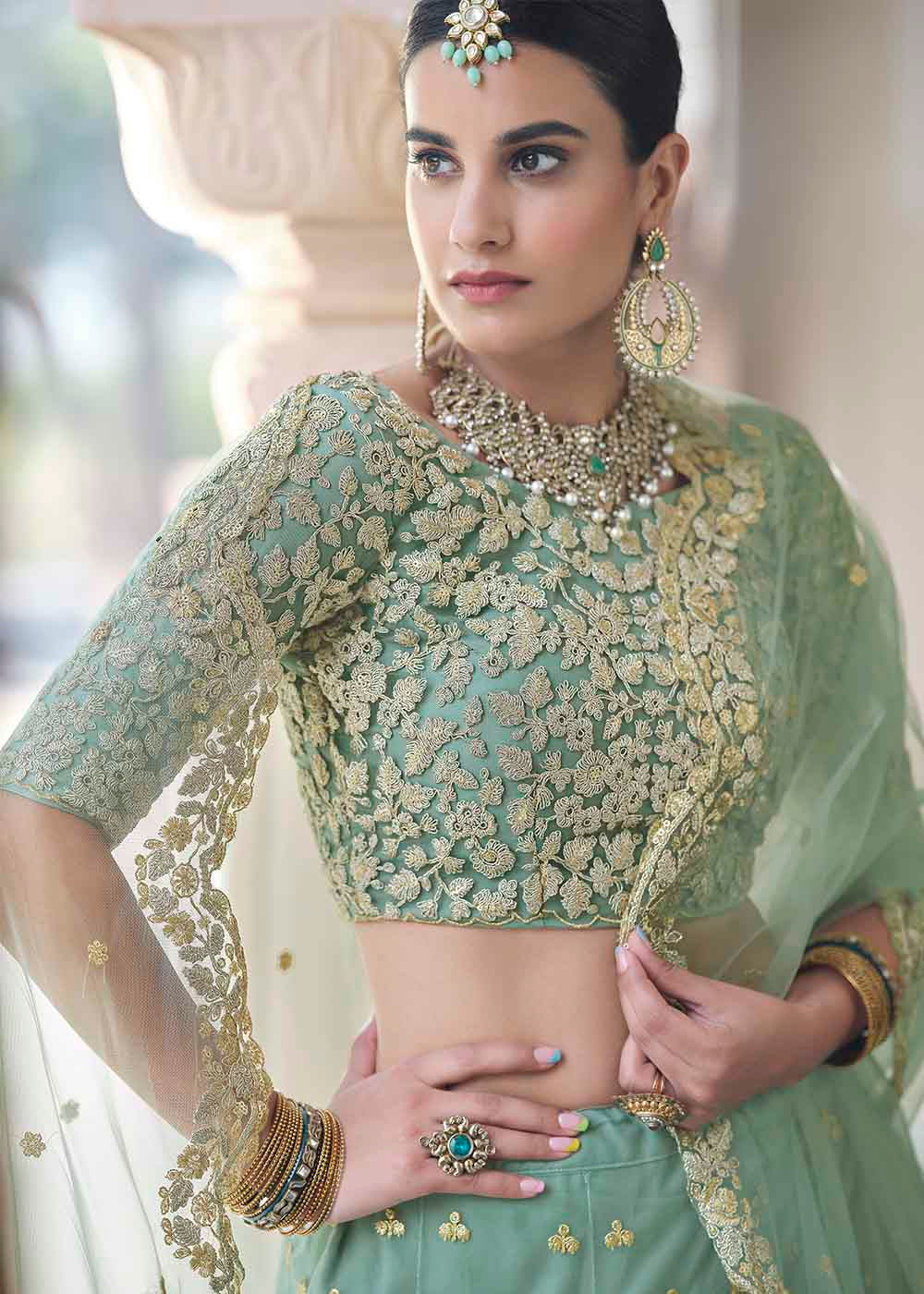 Oxley Green Soft Net Designer Lehenga Choli With Dori & Sequins Work