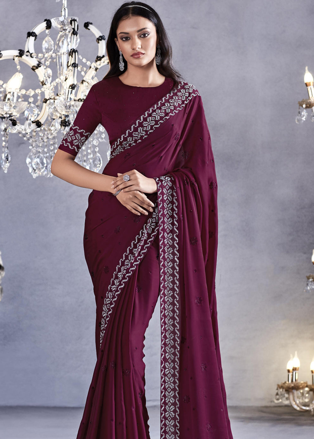 Au Chico Purple Woven Embroidered Satin Silk Saree