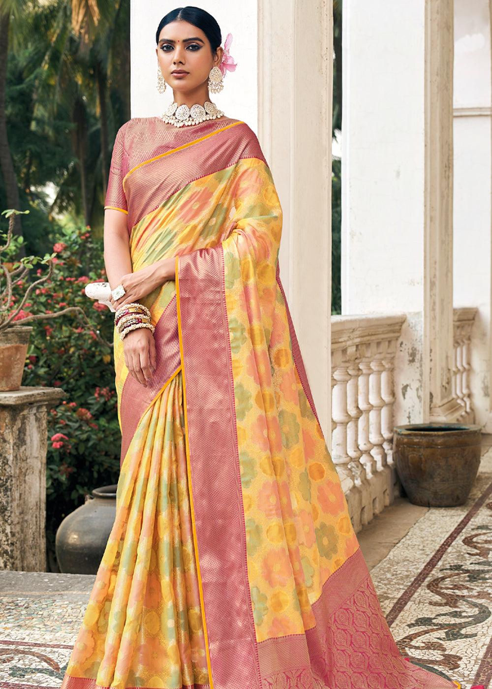 Wild Rice Yellow and Pink Woven Organza Banarasi Silk Saree